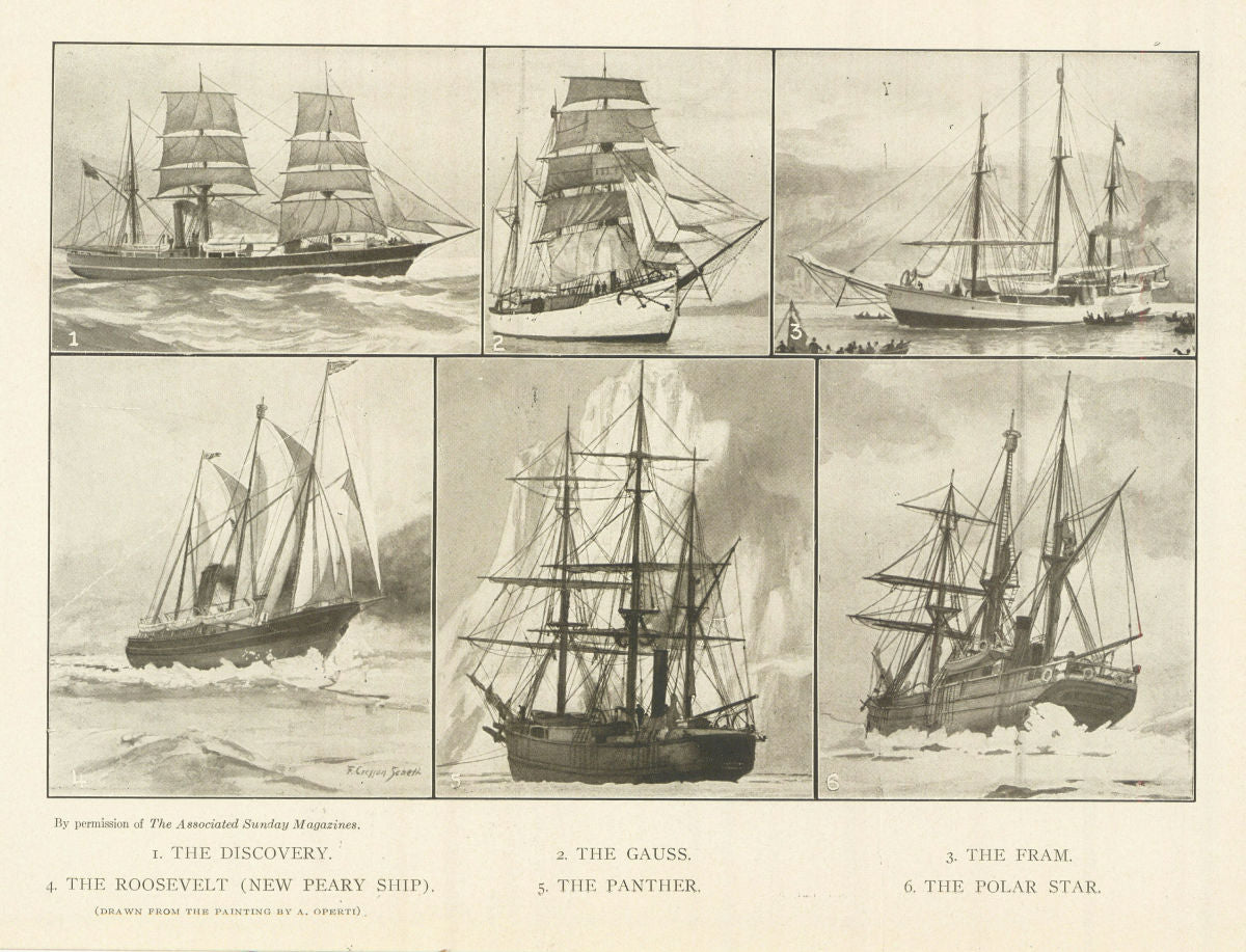Discovery Gauss Fram Roosevelt (Peary Ship) Panther Polar Star. Ships 1907